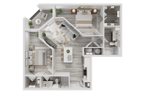 A detailed 3D floor plan of a modern house layout.